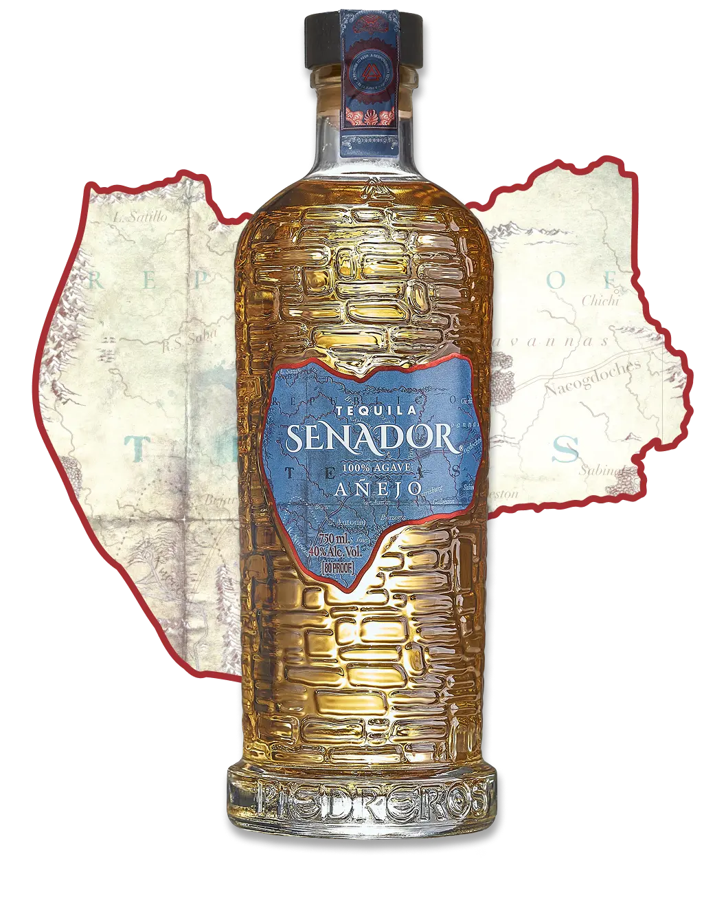 Senador Tequila Añejo bottle over an antique Texas map