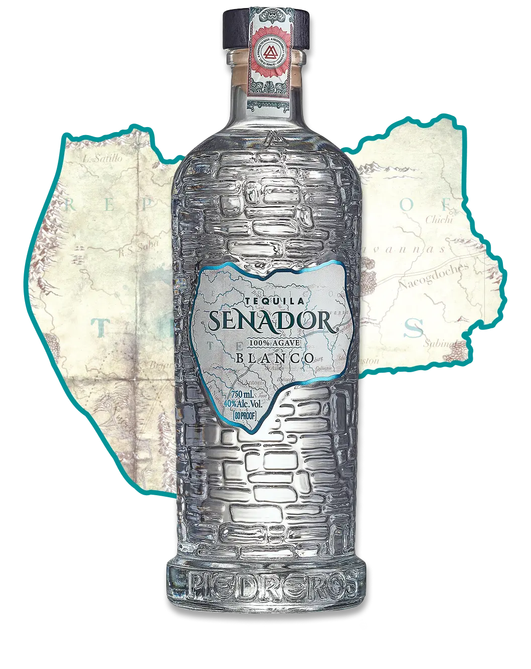 Senador Tequila Blanco bottle over an antique Texas map