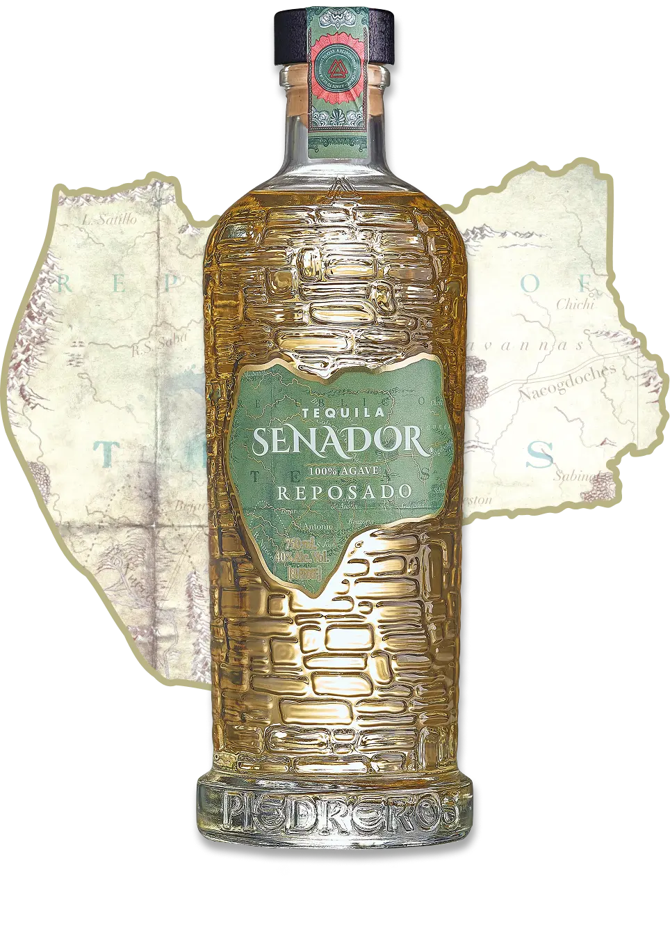 Senador Tequila Reposado bottle over an antique Texas map