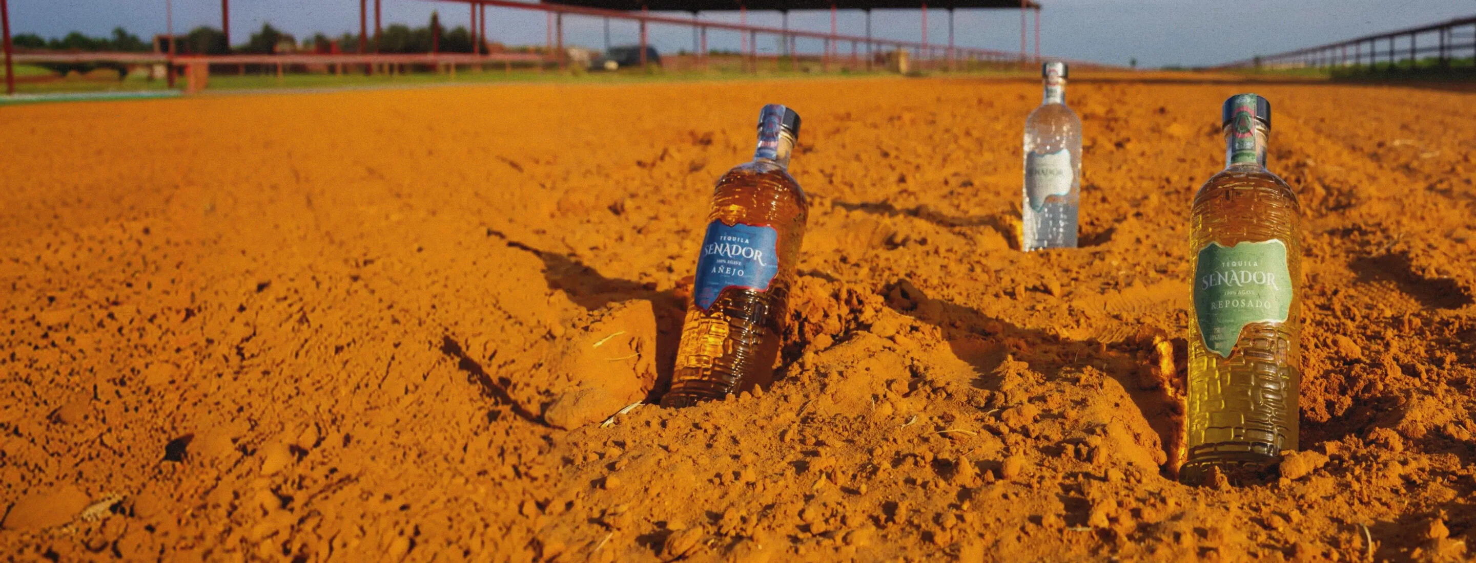 The Foundation 14 Three Senador bottles standing in the dirt of the racetrack at sunset